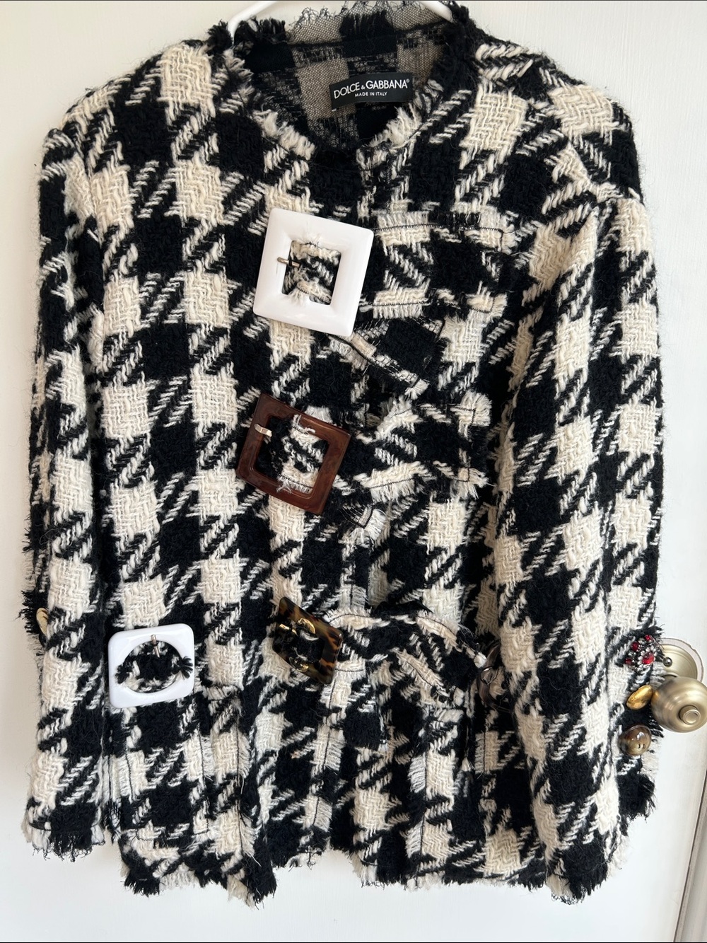 Dolce & Gabbana Black and White Houndstooth Tweed Trench Coat